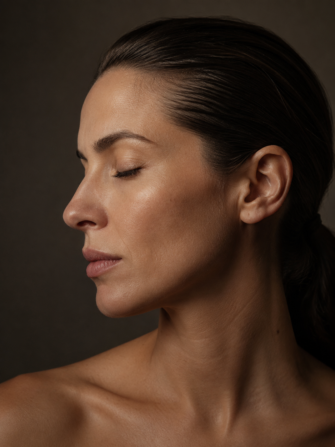 Retrato editorial de uma mulher com pele natural e olhos fechados
